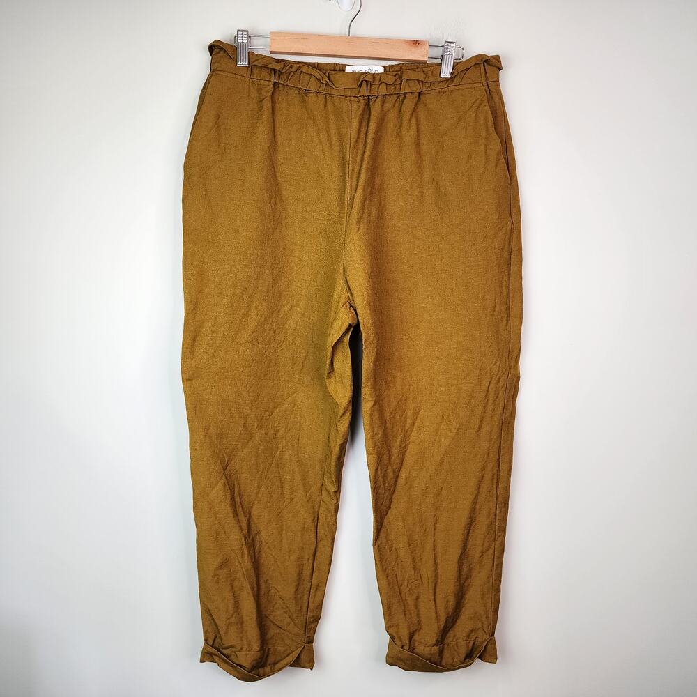 The Fold London Linen Pull-on Pants Mustard Yellow Elastic Waist Cuffed Size 10